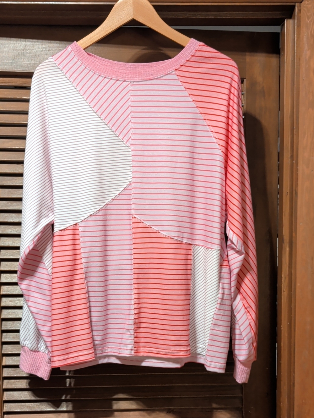 Pink Striped Patchwork Long-Sleeve Top